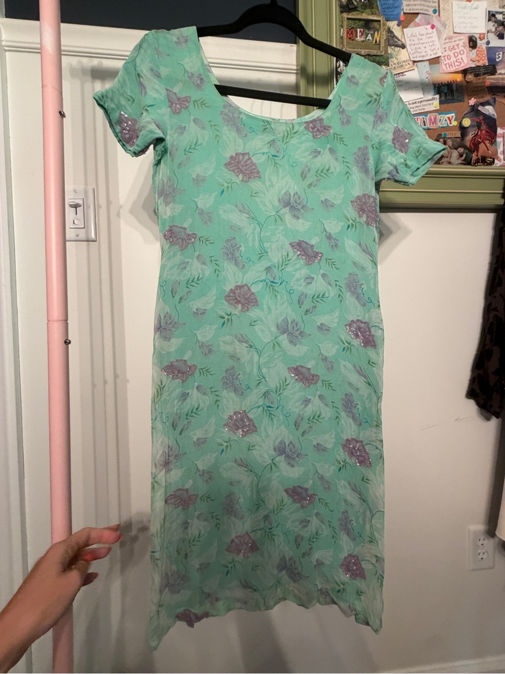 Collectible Vintage Silk and Linen Mint Green Floral Sequined Short-Sleeve Dress